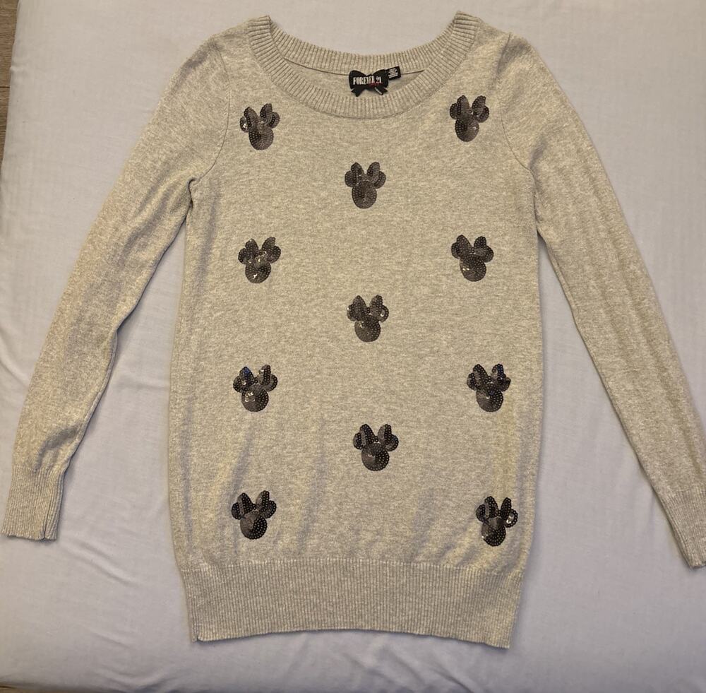 Disney Logo MINNIE MOUSE Sweater BLACK SEQUINS EARS BOW Shirt SOFT Gray Sz M